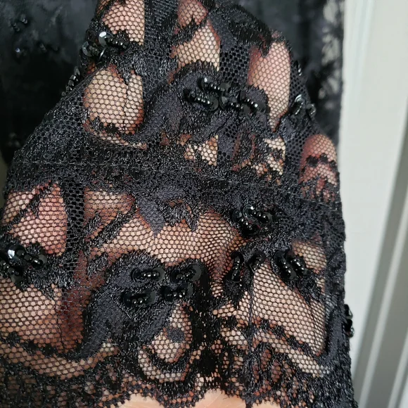 Beaded Lacy Little Black Dress With Sheer Neckline - Picture 4 of 6
